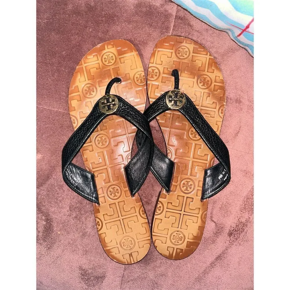 Tory Burch Women's Thora Black Leather Thong Sandals Size 9